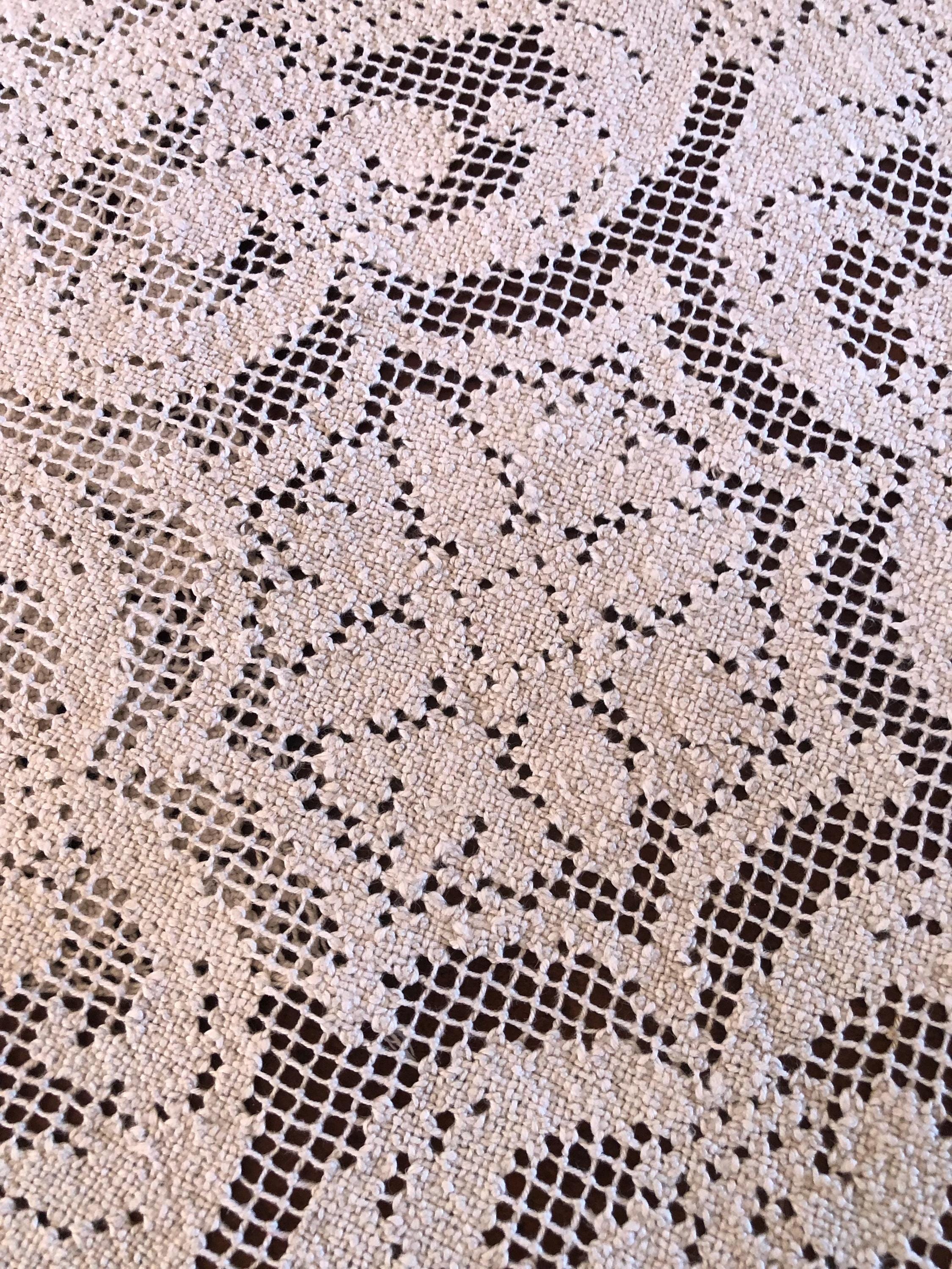 Three French Antique Embroidery on Filet Net Lace Squares / 1900s 