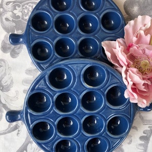 Two French Vintage Emile Henry Glazed Ceramic Escargot / Snails Individual Serving Dishes in A Lovely Blue / Traditional French Platters