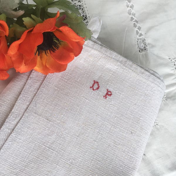 Very Large French Antique Hemp Tea Towel /Torchon Hand Initialled "D P" / Hand Made Torchon from the 19th Century / Large Substantial Piece