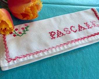 French Vintage Napkin Holder Hand Embroidered with the Name "Pascale" / Charming Napkin Pouch