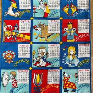 Paño de cocina francés vintage con calendario de 1987 / Divertido regalo de cumpleaños / Signos del zodíaco de colores vibrantes / Torchon de algodón único