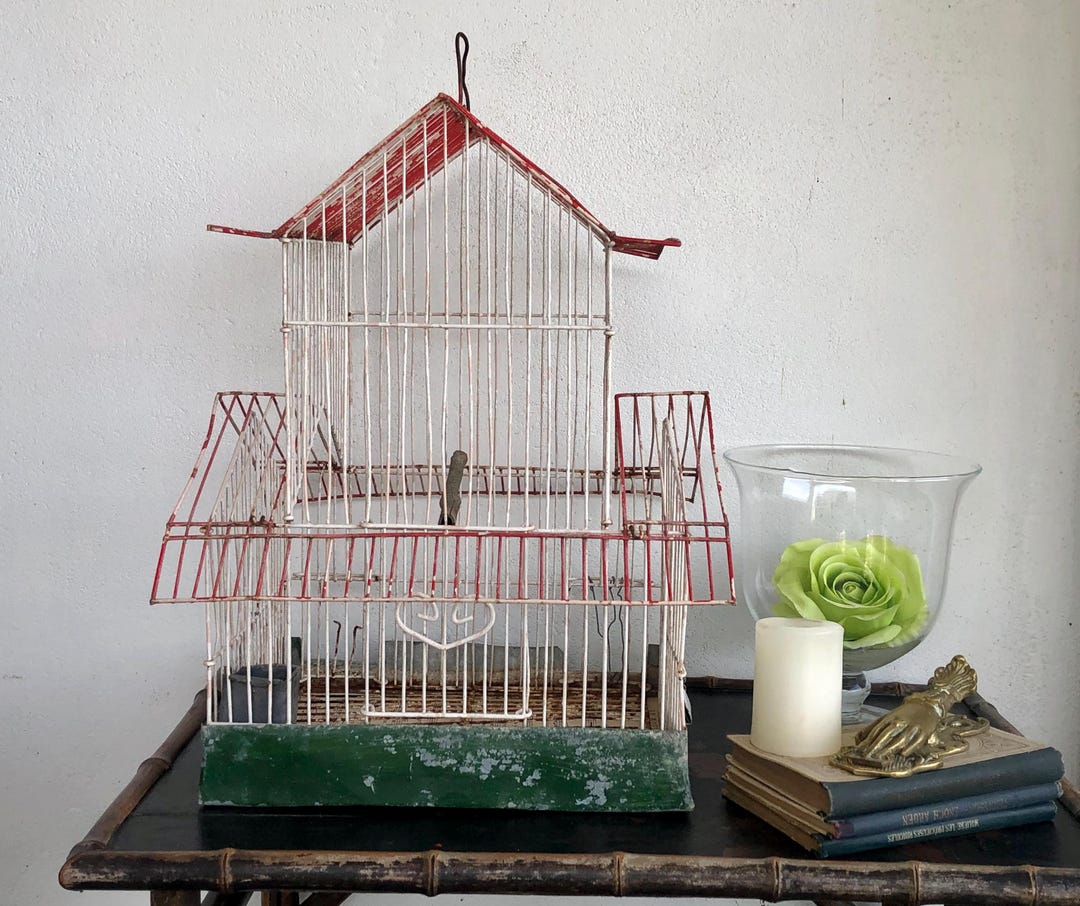 Small French Vintage Bird Cage / Shabby Chic Square Green and Red Wire ...