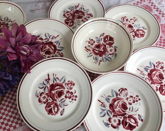 Delightful Set of 9 French Vintage Deep & Flat Plates in Cream With  Lovely Vibrant Deep Pink Floral Design / 1930s French Country Tableware