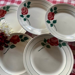 Five French Vintage 1930s Dark Pink Roses on White Floral Plates / Iconic French Vintage Country Tableware / Classic Dinner Plates by HBCM