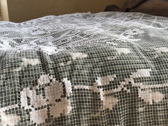 French Antique White Cotton Embroidery on Filet Net French Antique White Cotton Embroidery on Filet Net