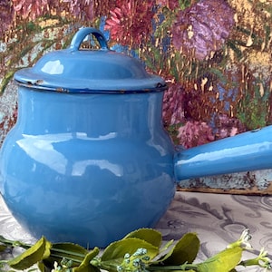 Op de afbeelding: Een lichtblauwe emaille pot met een deksel en een tuit. De pot heeft een afgeronde body en een handvat op het deksel. De pot staat tegen een bloemenachtergrond. Een vintage keukenartikel.