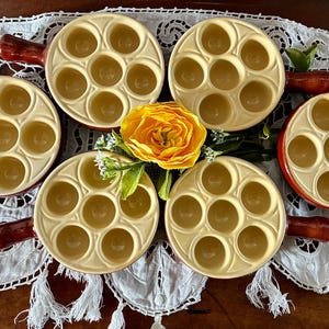 Six Small French Vintage Emile Henry Glazed Ceramic Cream & Brown Escargot/Snail Individual Serving Dishes / Each Serving Six Snails