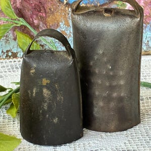 Two Small French Antique Hand Hammered Cast Iron/Metal Sheep Bells / One with Bone Clapper, One Cast Iron / Two Rustic Pyrenean Rural Bells