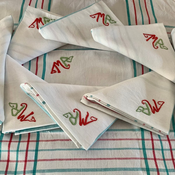 Eight French Vintage 1950s/60s Square Cotton Napkins/Serviettes / MR Initials In Classic Red and Green / Charming French Table Napkins
