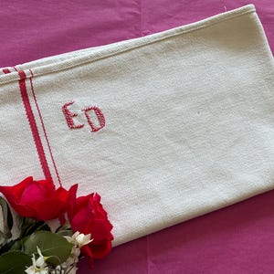French Antique Rustic Cotton/Linen Striped Torchon / Initialled By Hand in Red & White &quot;ED&quot; Initials / 1920s Kitchen Linen / Tea Towel