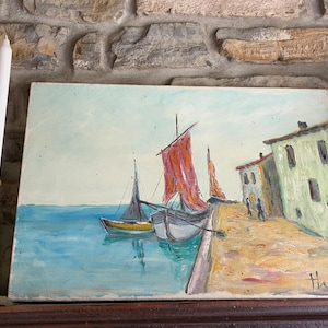 French Vintage Original Painting Of Harbour Scene / Charming Naive Original French Art with Vibrant Colours / Mid Century Oil on Canvas