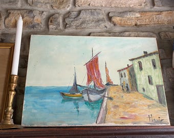 French Vintage Original Painting Of Harbour Scene / Charming Naive Original French Art with Vibrant Colours / Mid Century Oil on Canvas