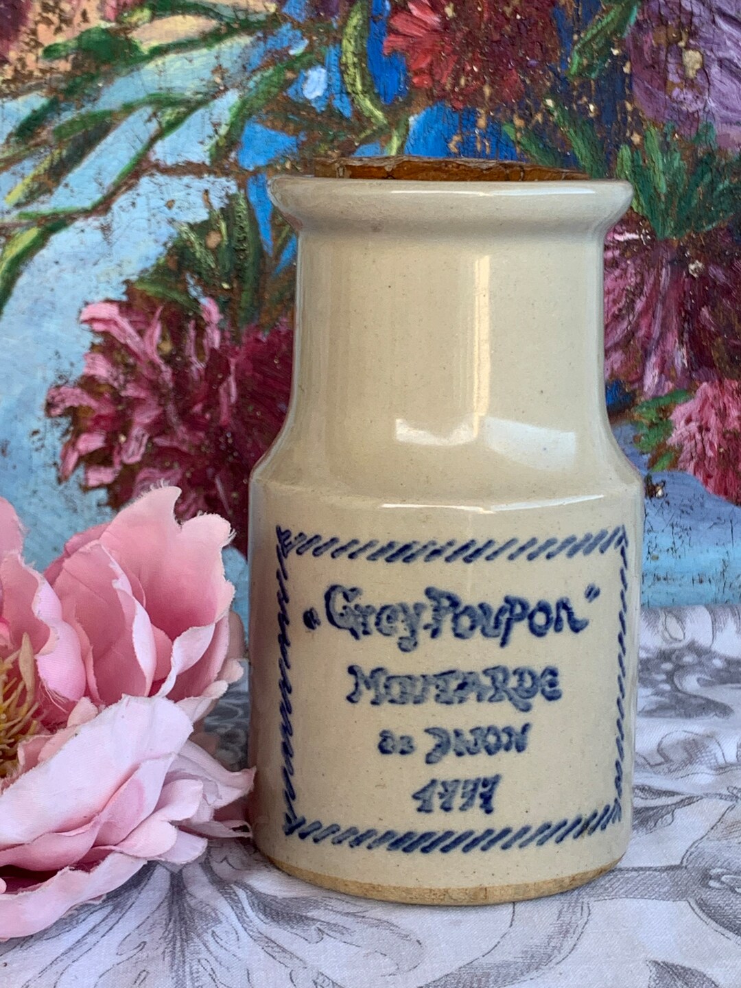 French Vintage Ironstone Maille Mustard Pot / Moutarde grey Poupon