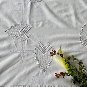 Large French Antique Linen Top Sheet circa 1920s / Beautiful and Unique Hand Embroidered Pattern in &quot;Point de Bourdon&quot; with Dot Detailing