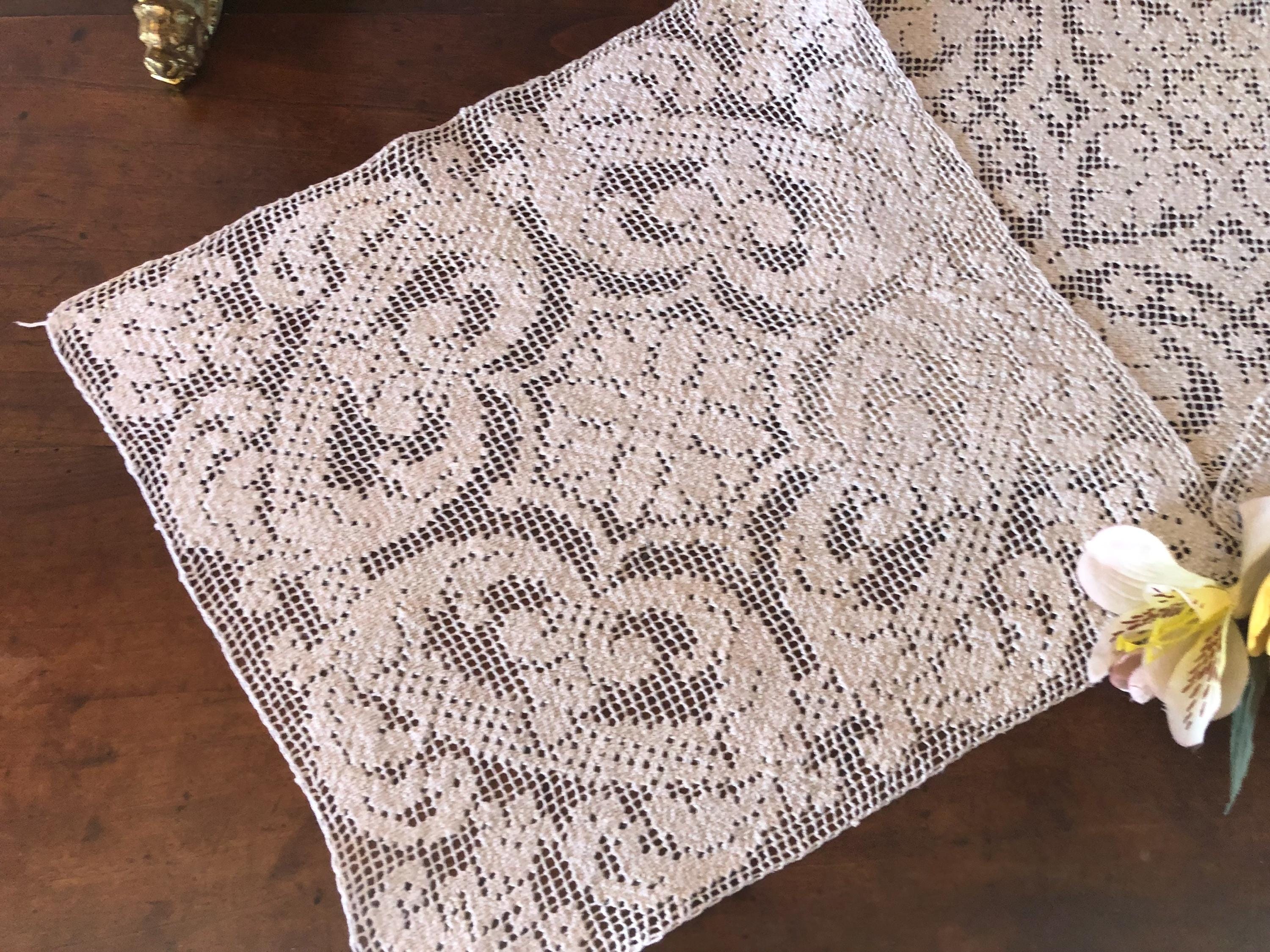 Three French Antique Embroidery on Filet Net Lace Squares / 1900s 