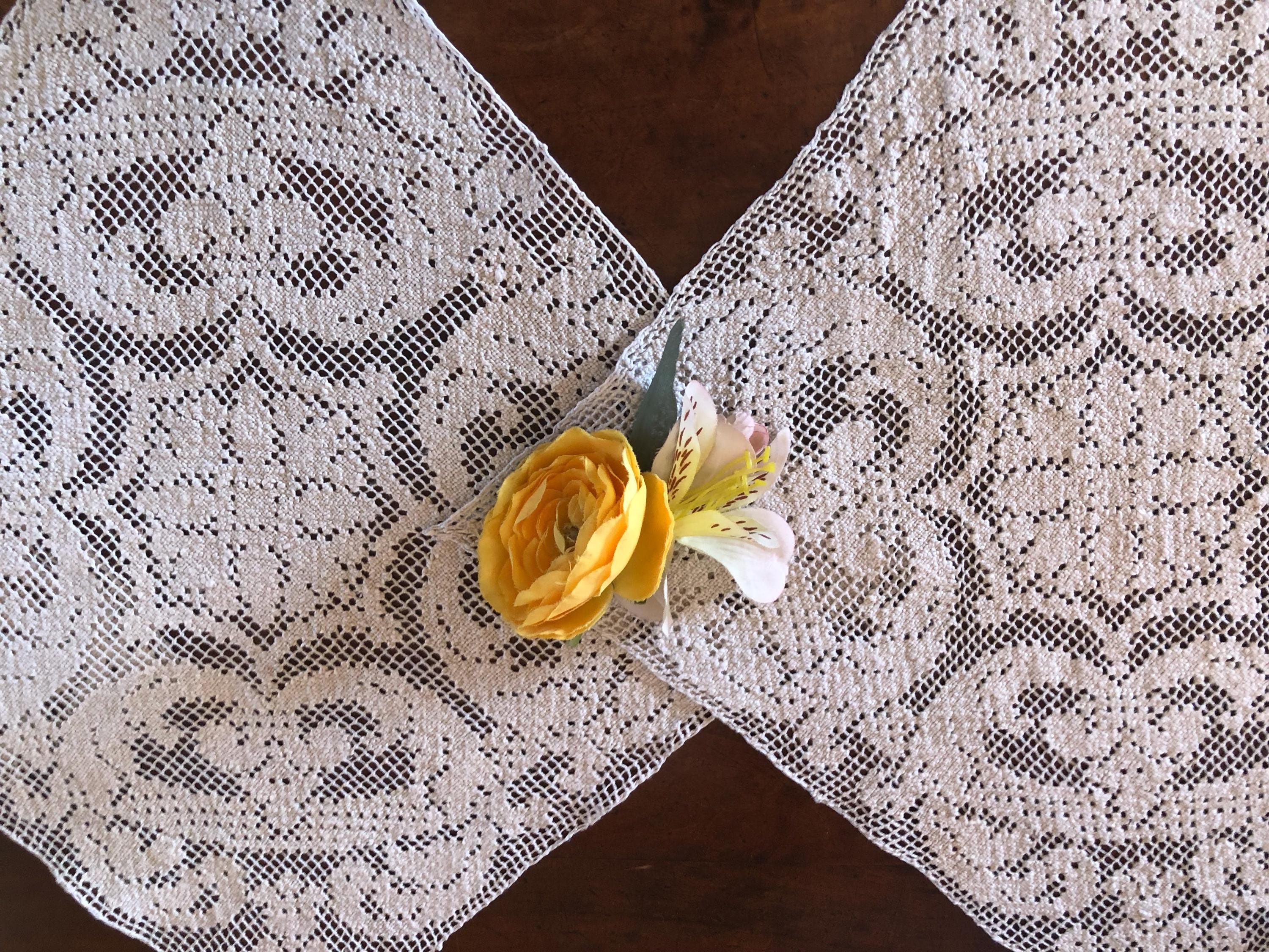 Three French Antique Embroidery on Filet Net Lace Squares / 1900s 
