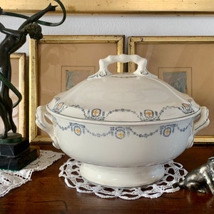 French Antique circa 1900s Tureen With Blue & Orange Hand Painted Detailing / French Country Soup Tureen by Longwy / Elegant Soupière