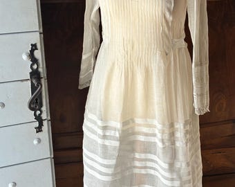 Charming French Antique Child's White "Batiste" Cambric Cotton Victorian Petticoat / Delightful Detail & Lace Around Neck and Cuffs / Age 10