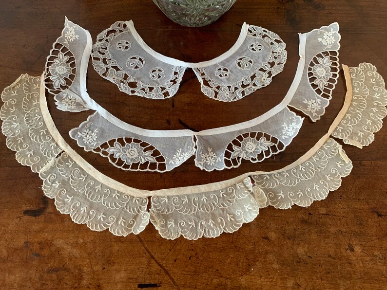 Three French Antique Embroidery on Cambric? Collars / Three Delightful Victorian Collars in Various Styles / 1900s Romantic Collars image 2