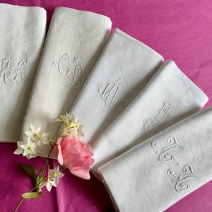 Five Various French Antique Hand Embroidered Napkins / Different Initials / Various Styles / 1900s to 1920s / Charming Napkin Bundle