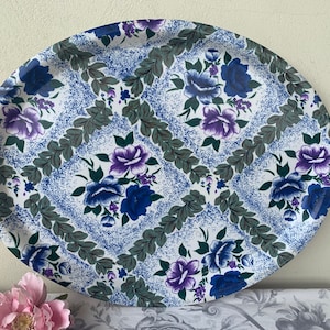 Retro French Vintage Melamine Tray with Charming Dark Blue/Purple Flowers and Green Leaves / Large Mid Century 1950s/60s French Serving Tray