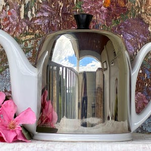 May include: A silver-toned teapot with a reflective metallic finish, a white ceramic spout, a white ceramic handle, and a black knob on the lid. The teapot features a rounded body and is positioned next to a cluster of bright pink flowers.