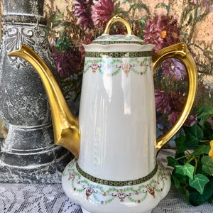 French Vintage White Porcelain Coffee Pot with Beautiful Dainty Decor & Gold Spout / Elegant 1900s Coffee Pot / By Bernardaud et Cie Limoges