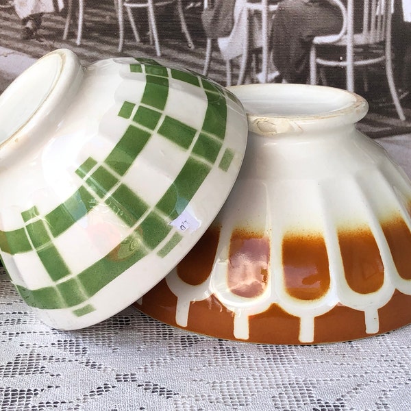 Two French Vintage Cafe au Lait Bowls / Iconic Breakfast Bowls with Lovely Iconc Designs / One Copper Brown & White One Classic Green Check