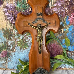 French Vintage Wood & Brass &quot;Bénitier&quot;, or Holy Water Font / Charming Religious Wall Decor / Souvenir from Lourdes / 1940s Bénitier