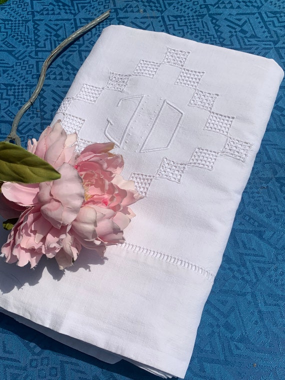 Large French Antique Cotton/Linen Top Sheet circa 1920s / Beautiful Hand Embroidered "JD" Initials / Very Large Monogrammed French Top Sheet
