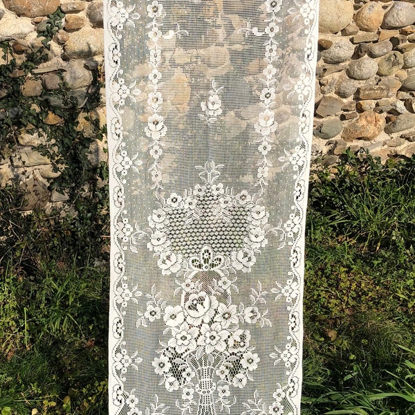 French Vintage Long Off White Curtain/Window Panel With Charming Floral Detail & Fringing / 1970s Elegant Curtain / Floaty and Romantic