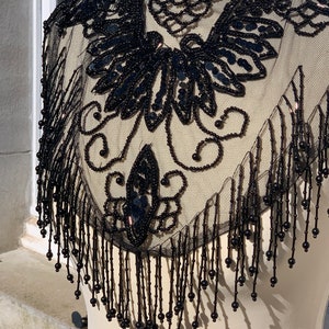 French Antique 1880s Large Jet Dress Element / Stunning and Intricately Hand Made Dress Decoration / Unique Piece / Jet on Tulle from Paris