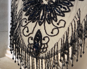 French Antique 1880s Large Jet Dress Element / Stunning and Intricately Hand Made Dress Decoration / Unique Piece / Jet on Tulle from Paris