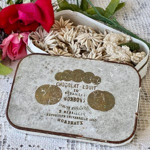 French Antique Chocolate Box by Chocolats Louit filled With Hand Made Flowers / Delightful Box From Bordeaux with Unique Floral Elements