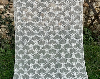 French Vintage Cream 1950s Net Floral Curtain with Weighted Hem