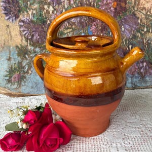 Può includere: Una teiera in ceramica smaltata con una sezione superiore giallo senape, una fascia centrale marrone scuro e una base in terracotta non smaltata. La teiera presenta un manico alto ad arco, un piccolo beccuccio e un coperchio abbinato, accompagnata da rose rosse.