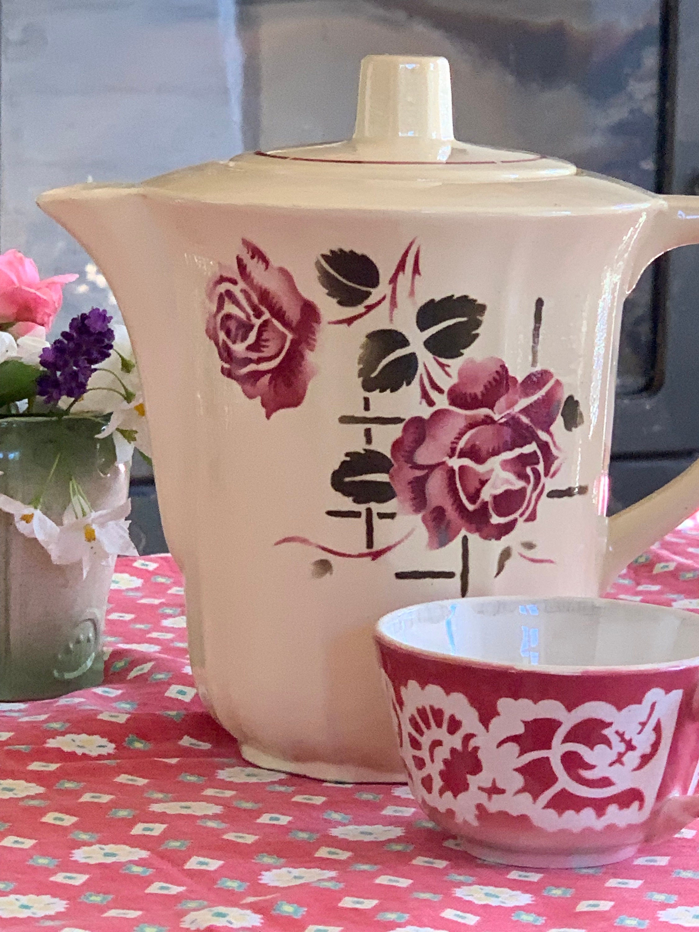 Cafetière vintage rose céramique et chrome 2 tasses Nomar