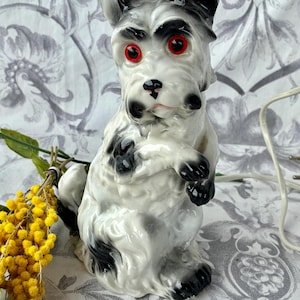 Cute French Vintage Ceramic Terrier 1950s Night Light / Sweet Black & White Dog with Bright Sulphide Eyes / Vintage Ceramic Lamp