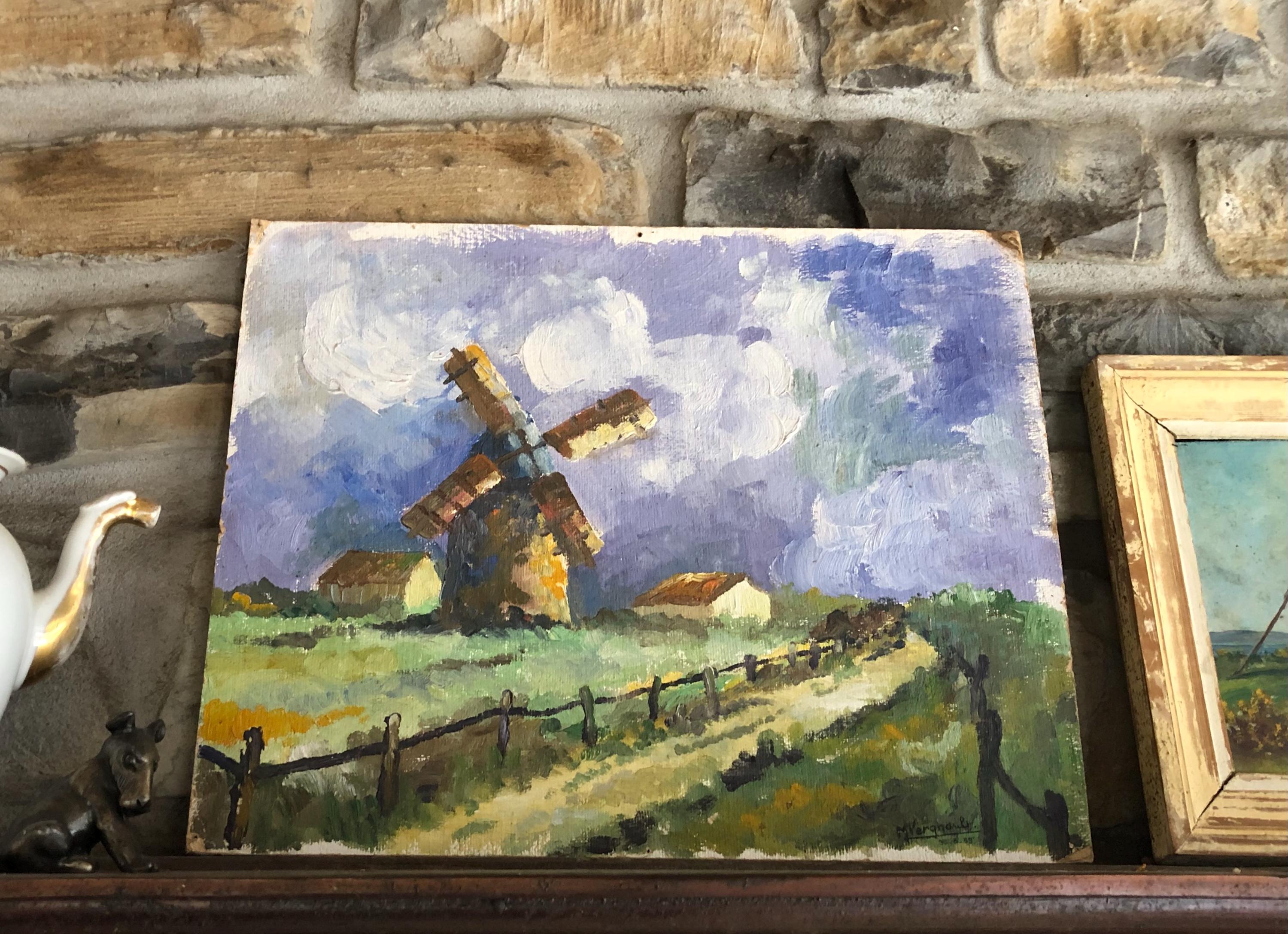 French Vintage Original Unframed Watercolour on Board  / Charming 1959 Artwork Featuring a Windmill in the Countryside / Pretty Colours