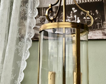 French Antique Brass & Glass Lantern Light Fitting / Wonderful Twin LIght Cylindrical Louis XVI Style Light / Timeless Piece