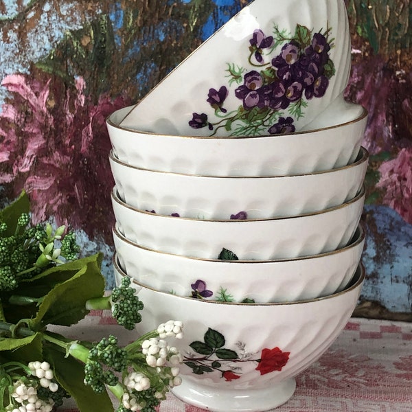 Six Small French Vintage Cafe au Lait Bowls / Three with Violets & Three with Red Roses / Iconic Little French Porcelain Bowls