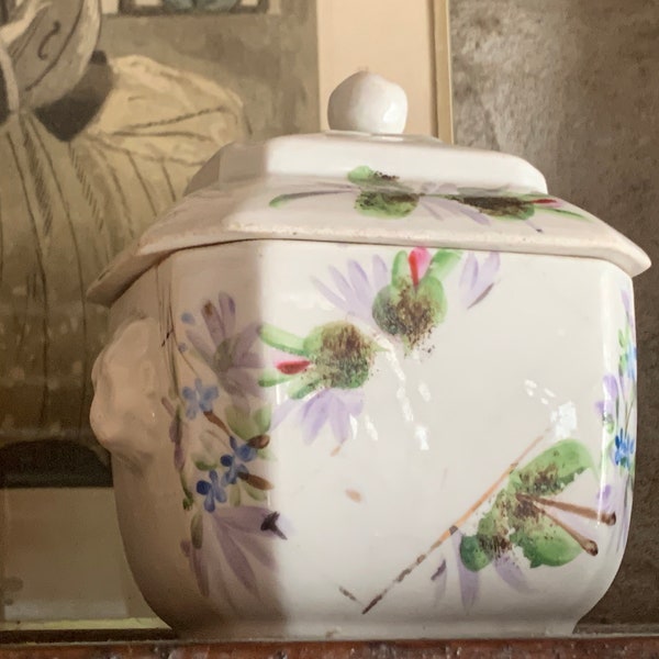 French Antique Rectangular Porcelain Sugar Pot / Charming Hand Painted Floral Design / Elegant 1800s French Sugar Pot with Lion Head Handles