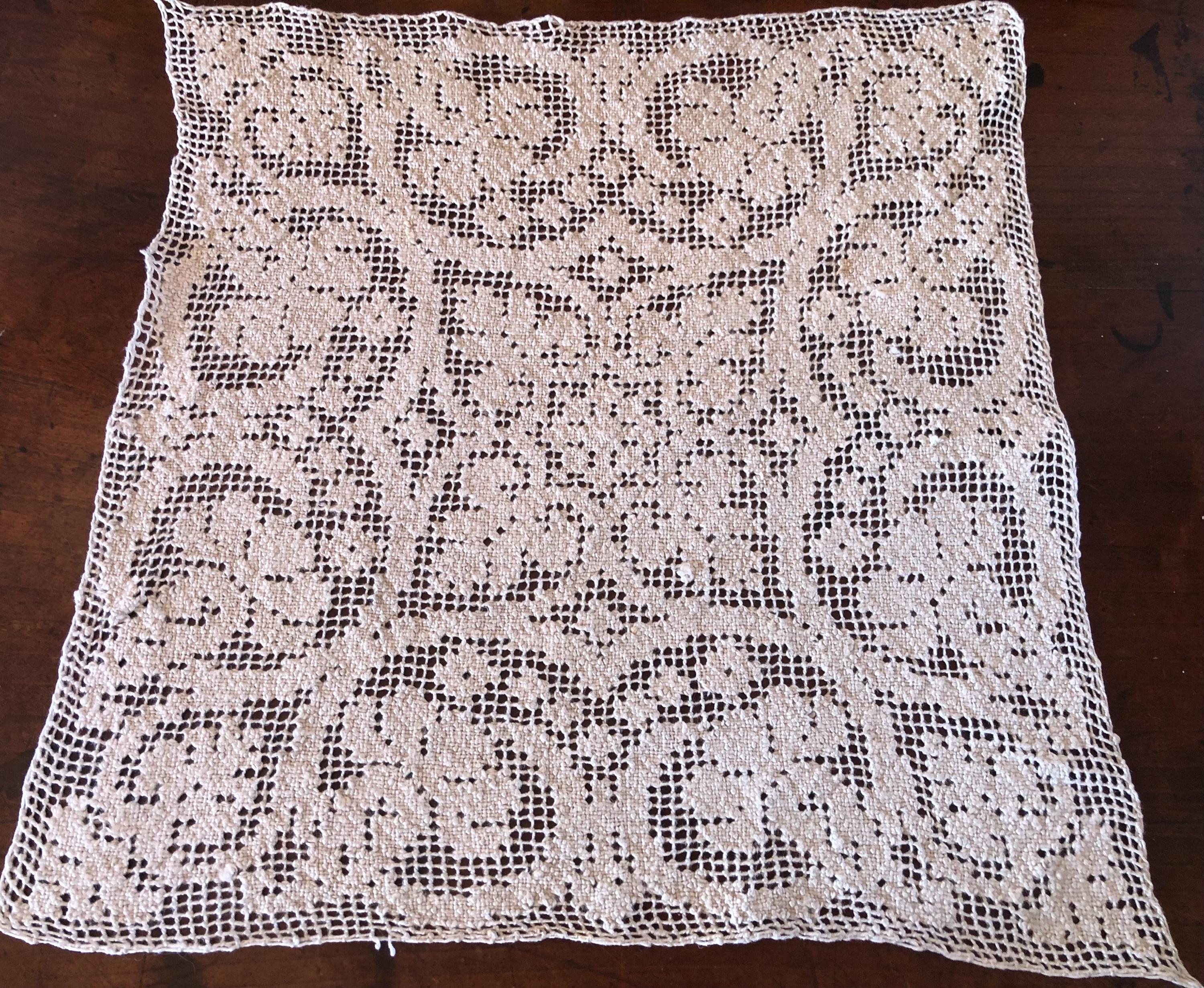 Three French Antique Embroidery on Filet Net Lace Squares / 1900s 