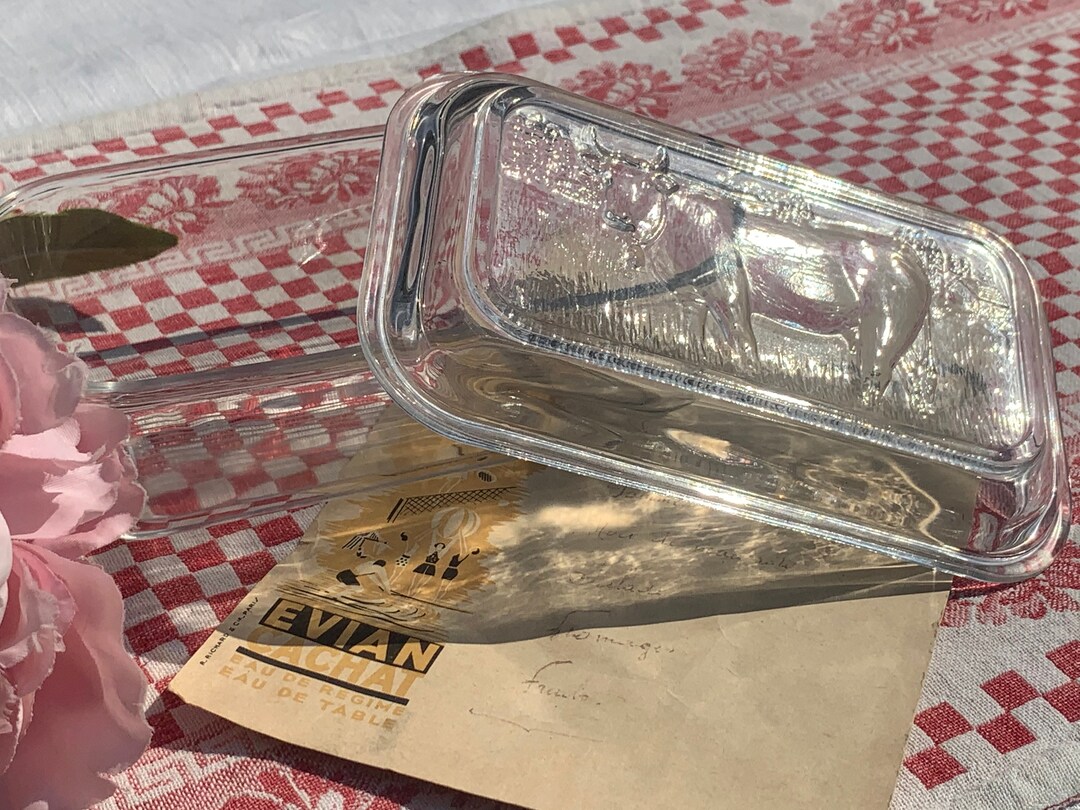 French Vintage Clear Glass Butter Dish With Embossed Cow Design