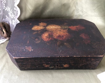 French Antique Wooden Box with Hand Painted Flower Decor & Gilt Detail / Charming 1800s Box with Compartments  / Old Victorian Box