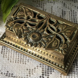 Small French Antique Heavy Brass 1900s Stamp Holder/Box / Beautiful Art Nouveau Design / Charming Lidded Stamp Box / Desk Display Piece