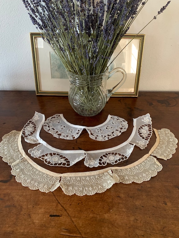 Three French Antique Embroidery on Cambric? Collars / Three Delightful Victorian Collars in Various Styles / 1900s Romantic Collars