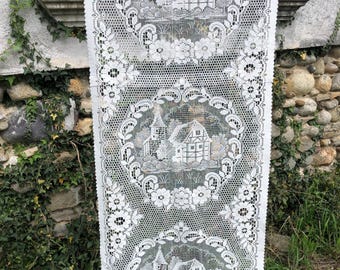 Long French Vintage White Net Panel / Charming Design Featuring a French Country House / Charming and Unusual 1980s Long Net Panel