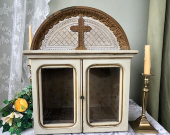 Small French Antique Tabernacle in Painted Cream & Gold / Wonderful and Unique Carved and Glazed Church Wall Cabinet / Antique Church Niche