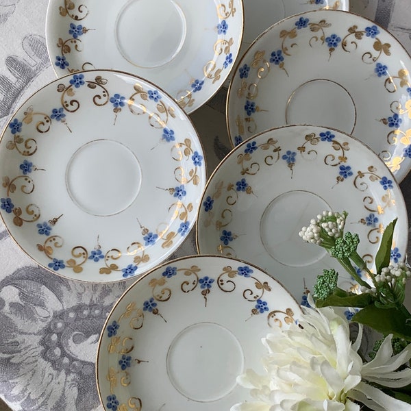 Six French Antique Small White Porcelain Saucers with Blue & Gold Flowers / Charming Hand Painted Late 19thc Saucers Ideal for Candles etc